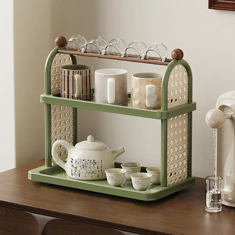 Modern Art Deco Arched Rectangular PP Plastic Wood Dismountable Cup Storage Shelf 2-Tier For Living Room