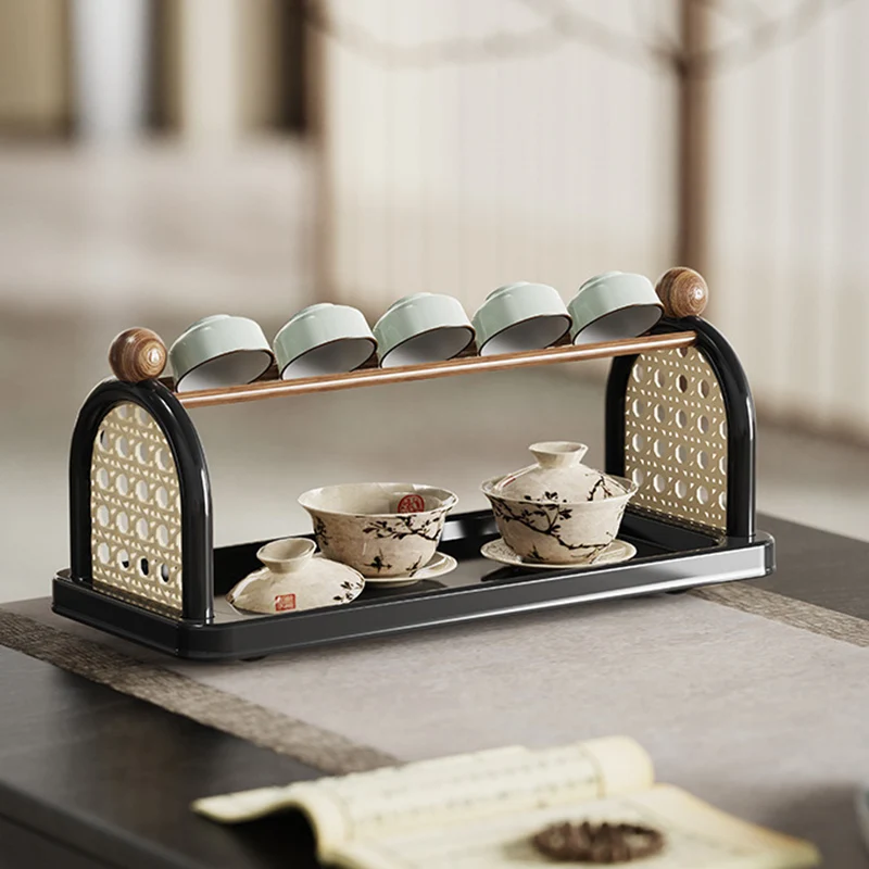 Modern Art Deco Arched Rectangular PP Plastic Wood Dismountable Cup Storage Shelf 2-Tier For Living Room