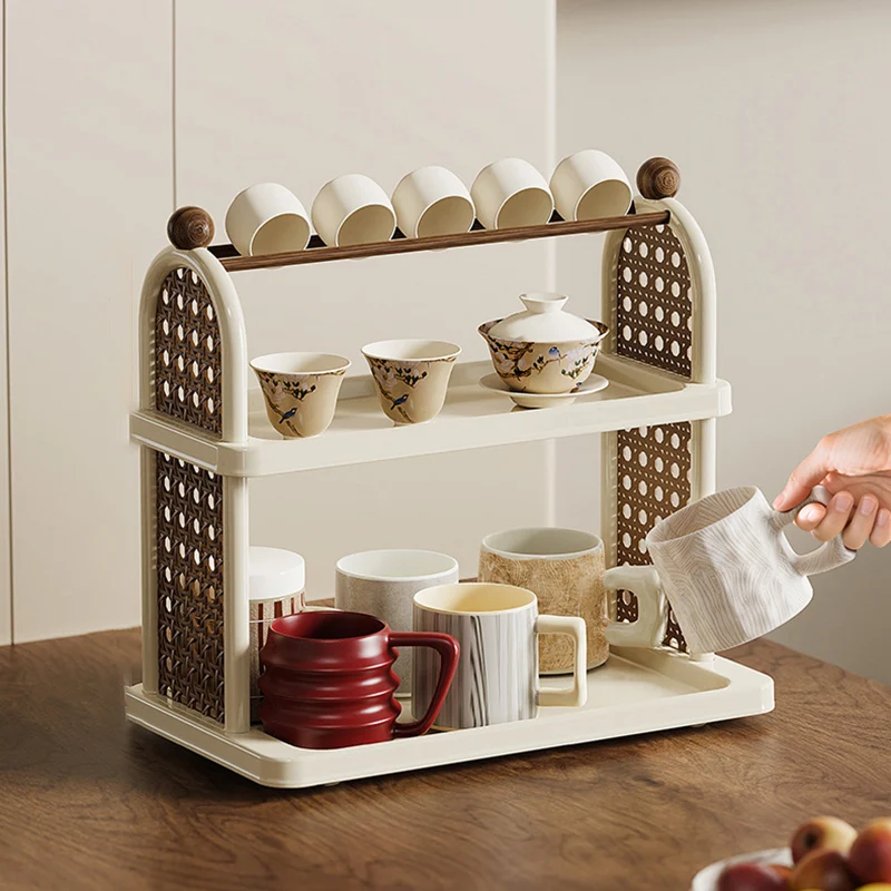 Modern Art Deco Arched Rectangular PP Plastic Wood Dismountable Cup Storage Shelf 2-Tier For Living Room