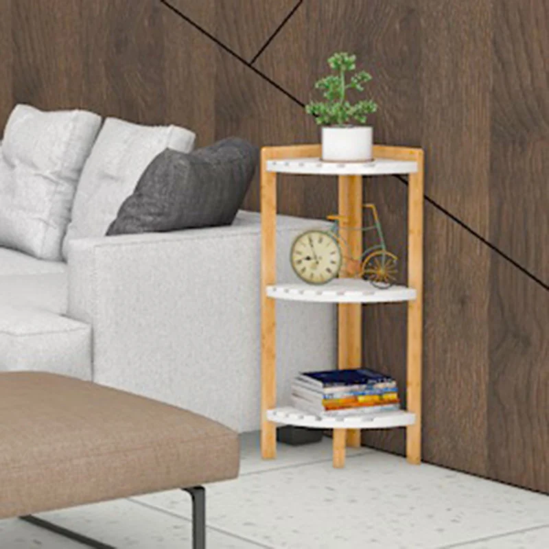 Modern Minimalist Cylindrical Fan-Shaped Medium Density Fiberboard Bamboo Corner Shelf Unit 3-Tier For Living Room