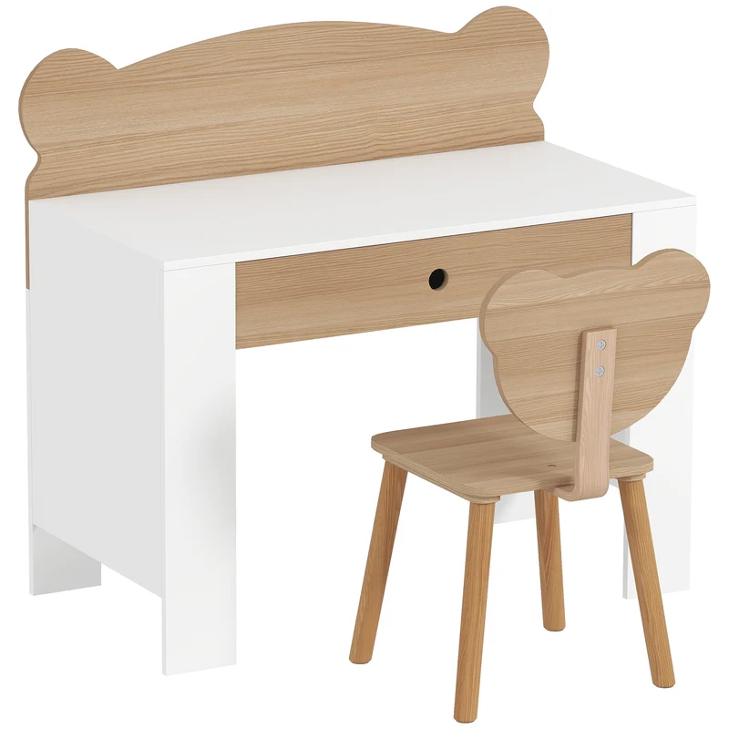 Conjunto de secretária para crianças, mesa de trabalho e cadeira em forma de urso, com gaveta, para escrever e fazer trabalhos manuais, 3-8 anos, madeira natural