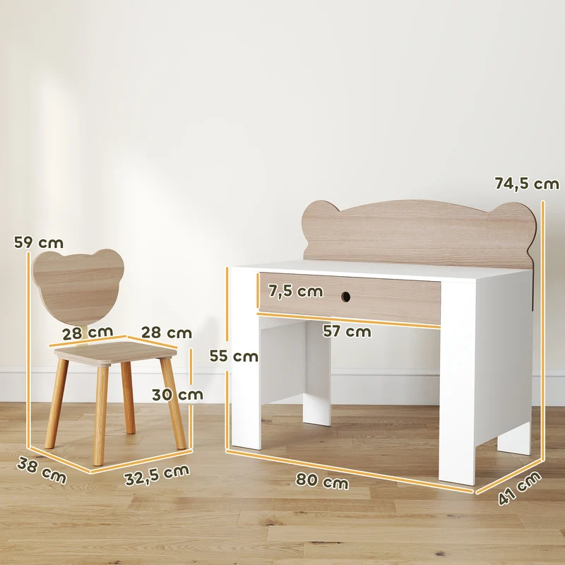 Conjunto de secretária para crianças, mesa de trabalho e cadeira em forma de urso, com gaveta, para escrever e fazer trabalhos manuais, 3-8 anos, madeira natural