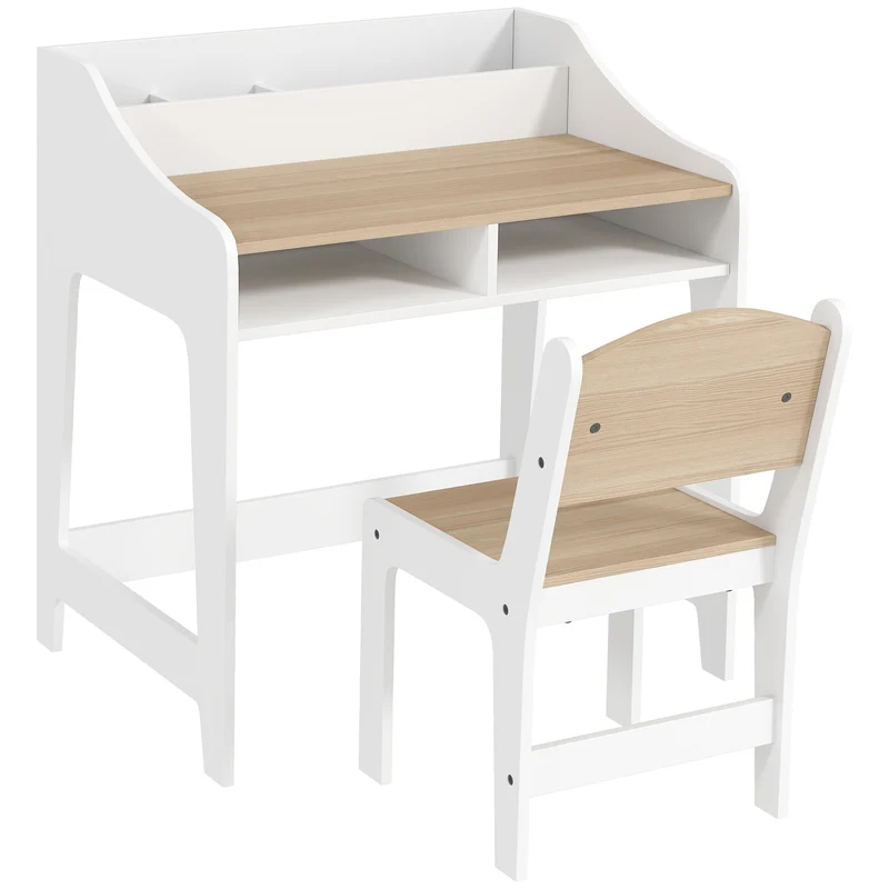 Conjunto de mesa infantil com arrumação, compartimentos abertos, cadeira, 3-8 anos, madeira