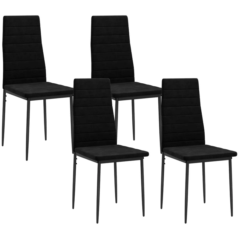 Conjunto de 4 cadeiras de jantar, design sem braços, estofamento em tecido, pernas de metal, Preto