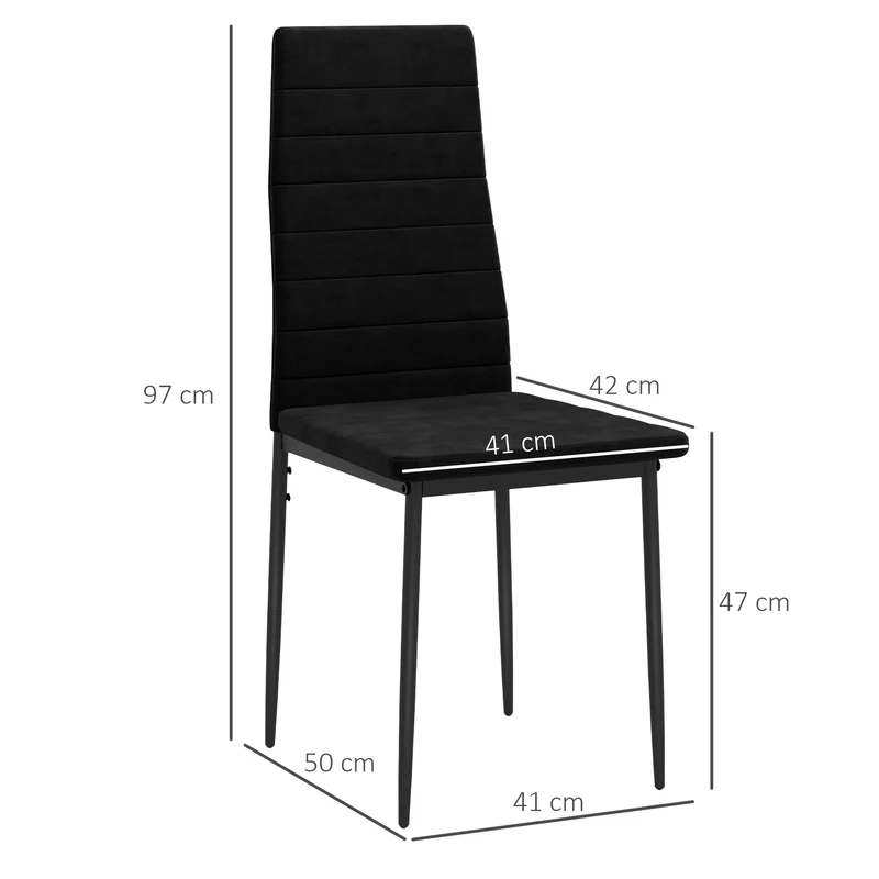 Conjunto de 4 cadeiras de jantar, design sem braços, estofamento em tecido, pernas de metal, Preto