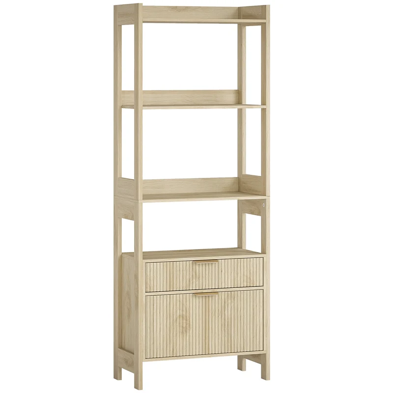 Estante Alta Móvel de Arrumação com 4 Prateleiras Abertas e 2 Gavetas Caneladas 60x30x160 cm Madeira Natural
