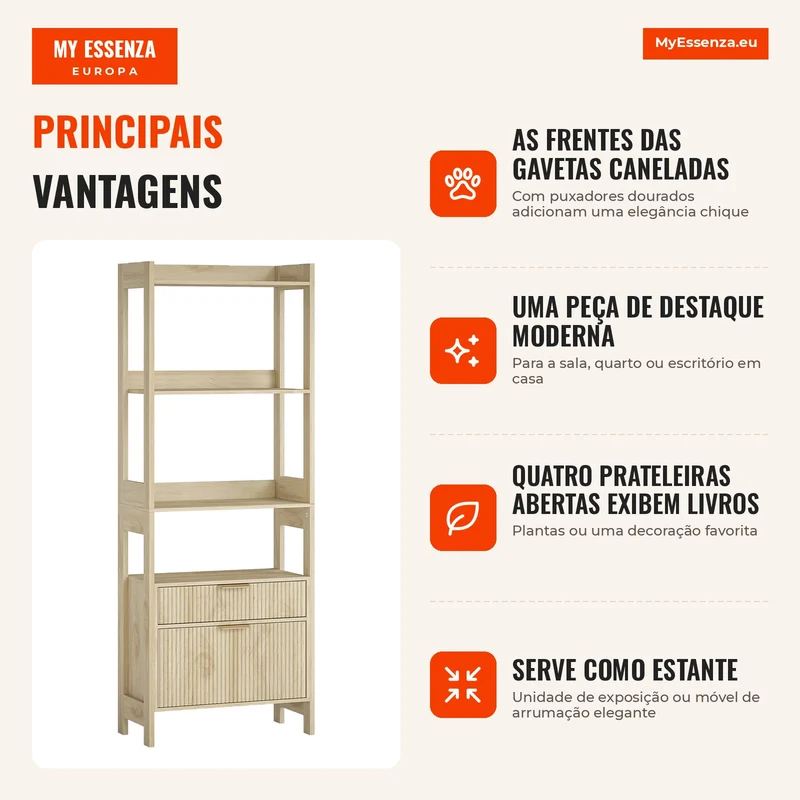 Estante Alta Móvel de Arrumação com 4 Prateleiras Abertas e 2 Gavetas Caneladas 60x30x160 cm Madeira Natural