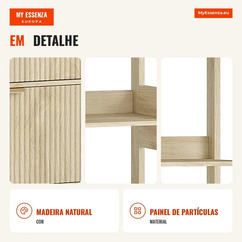 Estante Alta Móvel de Arrumação com 4 Prateleiras Abertas e 2 Gavetas Caneladas 60x30x160 cm Madeira Natural