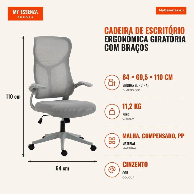 Cadeira de Escritório Ergonómica Giratória com Braços Rebatíveis Função de Balanço Altura Reguláveis em Malha Cinza