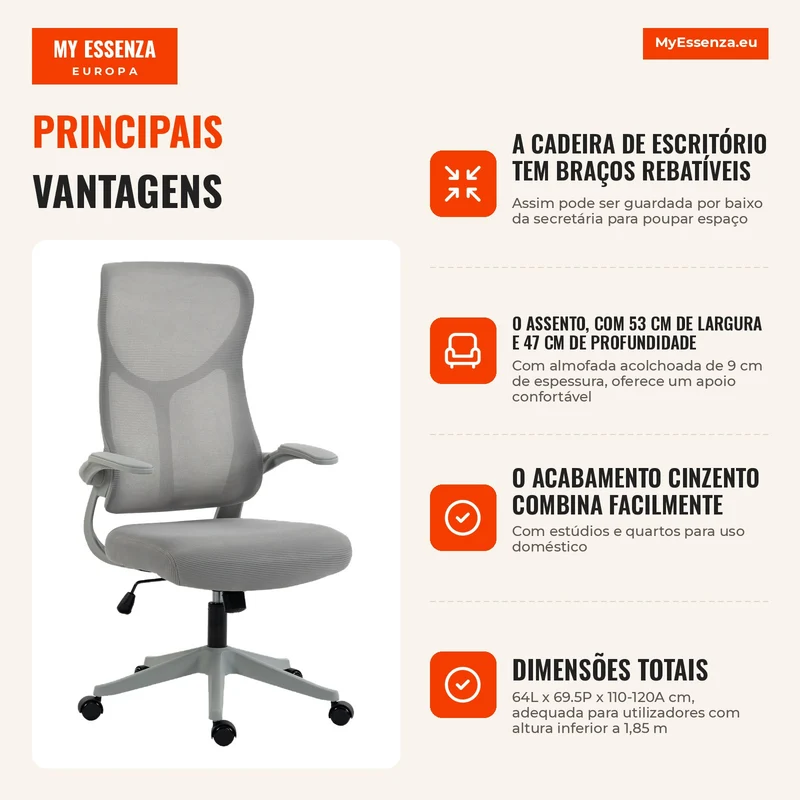 Cadeira de Escritório Ergonómica Giratória com Braços Rebatíveis Função de Balanço Altura Reguláveis em Malha Cinza