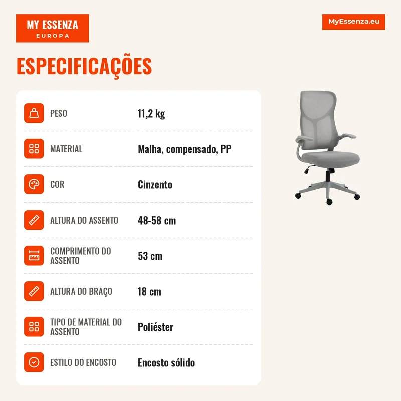 Cadeira de Escritório Ergonómica Giratória com Braços Rebatíveis Função de Balanço Altura Reguláveis em Malha Cinza