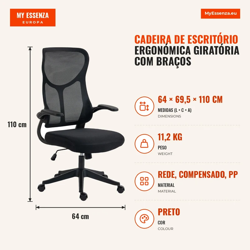 Cadeira de Escritório Ergonómica Giratória com Braços Rebatíveis Função de Balanço Altura Regulável em Rede Preto
