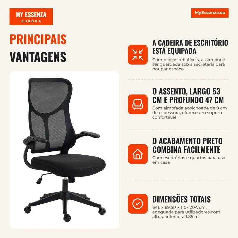 Cadeira de Escritório Ergonómica Giratória com Braços Rebatíveis Função de Balanço Altura Regulável em Rede Preto