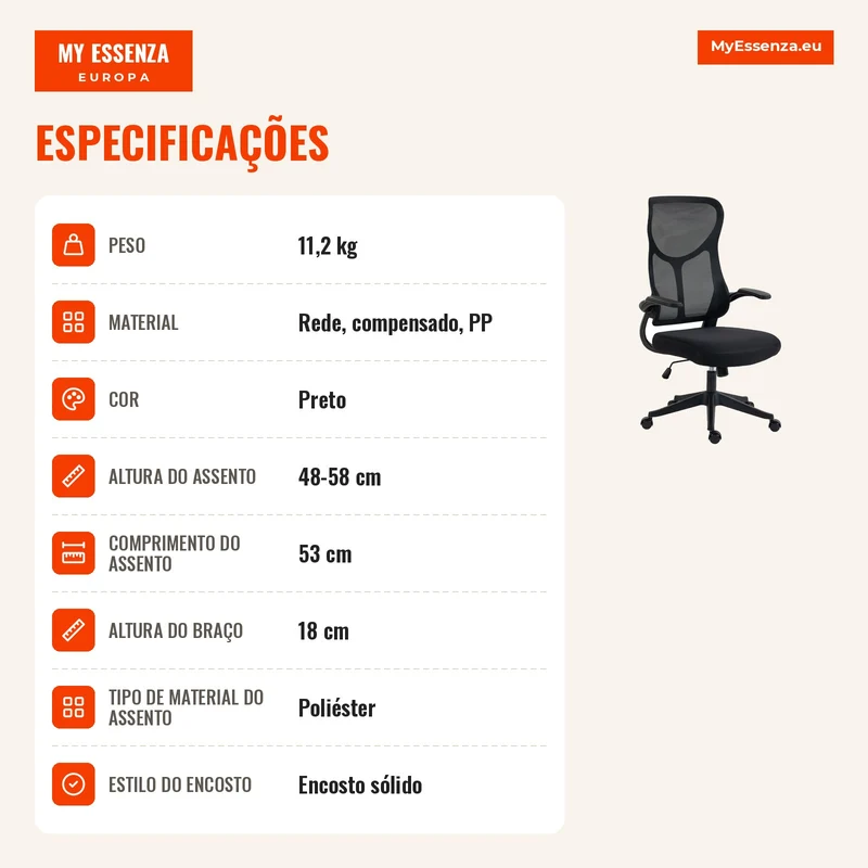 Cadeira de Escritório Ergonómica Giratória com Braços Rebatíveis Função de Balanço Altura Regulável em Rede Preto