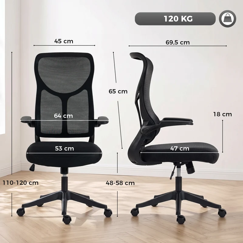 Cadeira de Escritório Ergonómica Giratória com Braços Rebatíveis Função de Balanço Altura Regulável em Rede Preto
