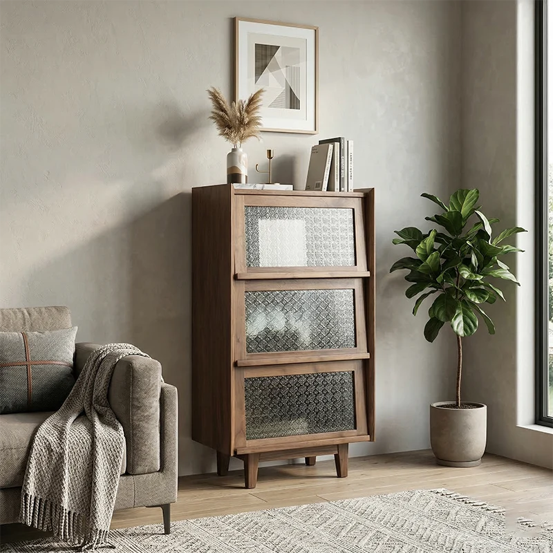 Modern Minimalist Rectangular Solid North American Black Walnut Wood Glass Storage Cabinet 3-Storage For Living Room