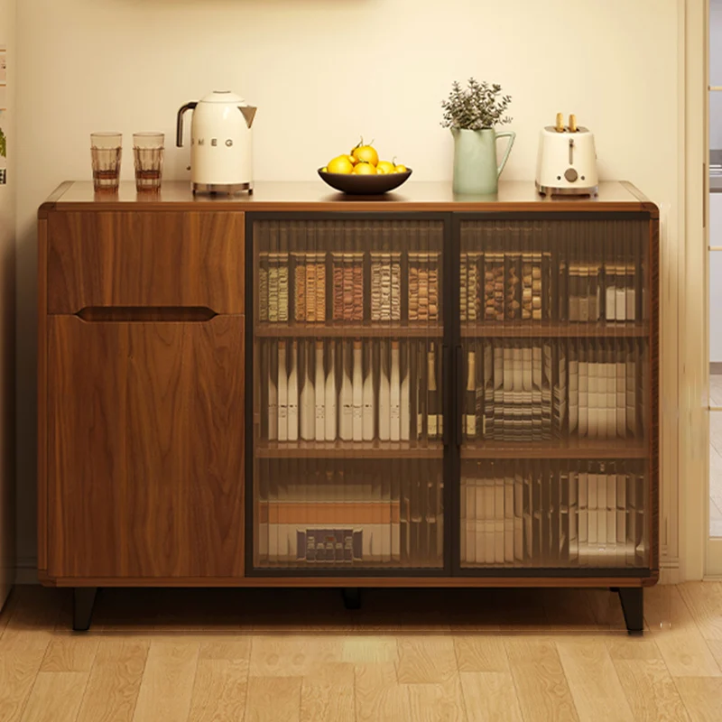 Modern Minimalist Rectangular Solid Wood Particle Board Glass Storage Cabinet 4-Tier For Living Room