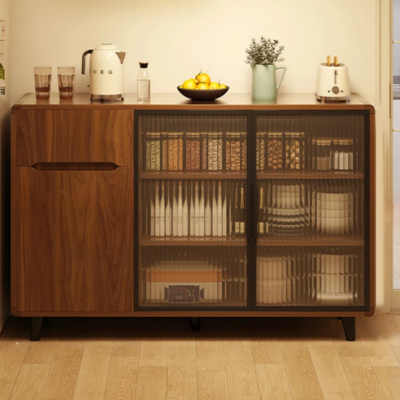 Modern Minimalist Rectangular Solid Wood Particle Board Glass Storage Cabinet 4-Tier For Living Room
