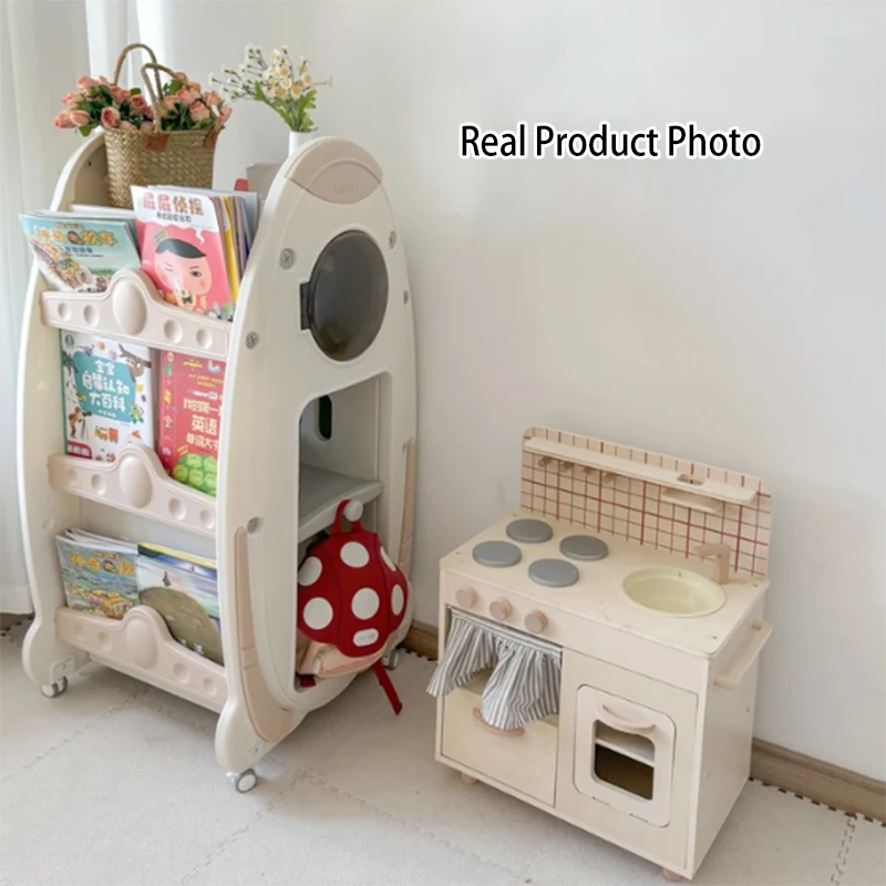 Modern Minimalist HDPE Acrylic Cartoon Rocket Kids Movable Bookshelf 3-Tier For Living Room & Study