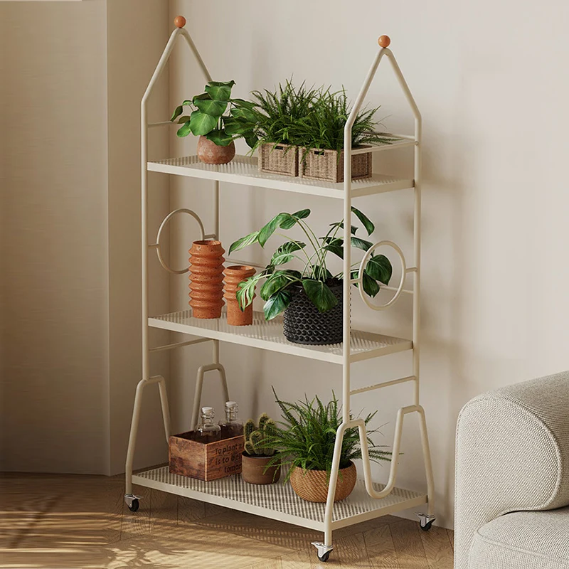 Modern Minimalist Baking Paint Iron Rocket Indoor Movable Flower Storage Shelf 3-Layer For Living Room