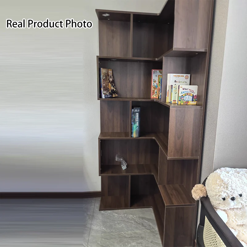 Modern Minimalist Rectangular Rubberwood Eco-Friendly Board Bookshelf Corner Shelf Unit 5/6 Tiers For Home & Office