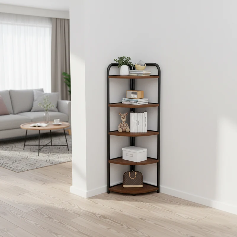 Modern Minimalist Fan-shaped MDF Steel Corner Shelf Unit 5-Tier For Living Room