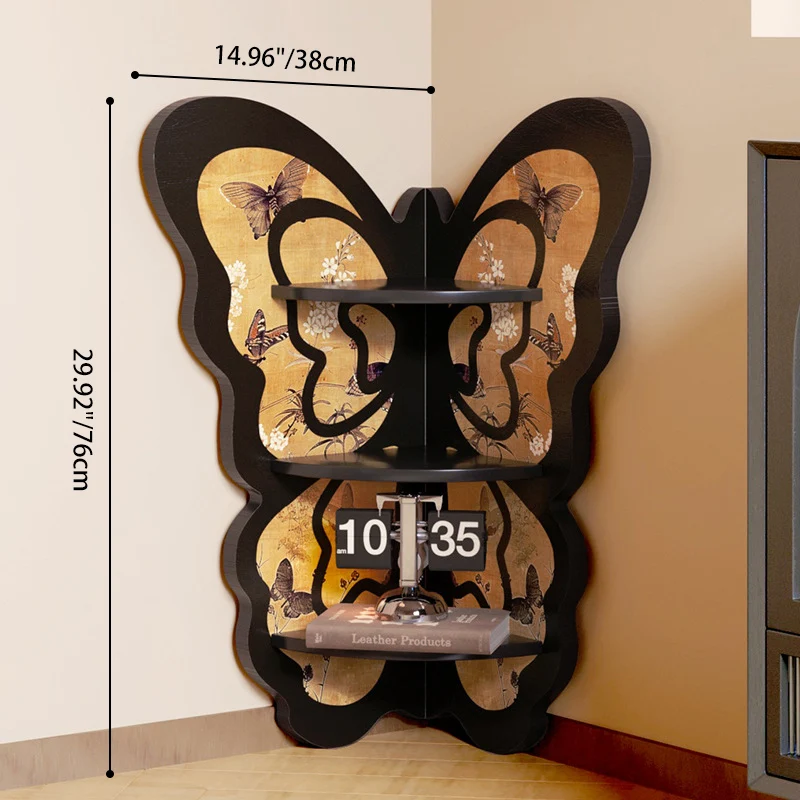 Modern Art Deco Fan-shaped Butterfly Solid Wood Corner Shelf Unit 3-Tier For Living Room