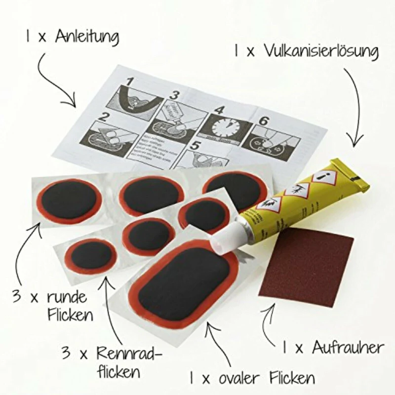 Fahrrad Flickzeug Set 9-teilig – Schlauchflicken mit Vulkanisierlösung für Fahrradreifen Reparatur
