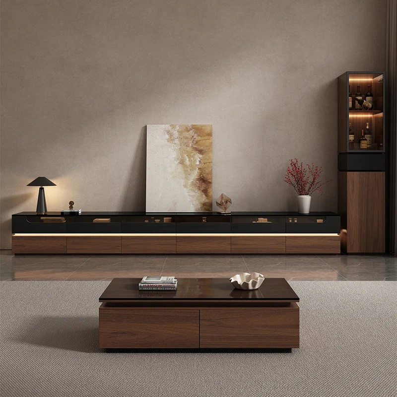 Modern Luxury Solid Wood Eco-Board & Glass Rectangular Display Rack With 2 Cabinets & 1 Drawer For Living Room