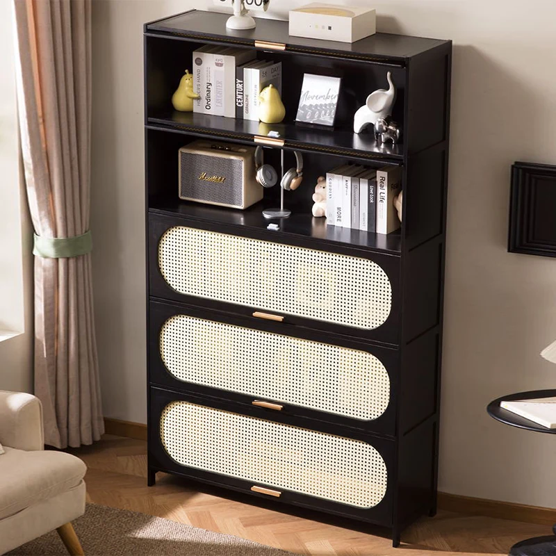 Modern Minimalist Nan Bamboo MDF Plastic Rattan Rectangular Weaving Storage Cabinet 5-Tier For Living Room