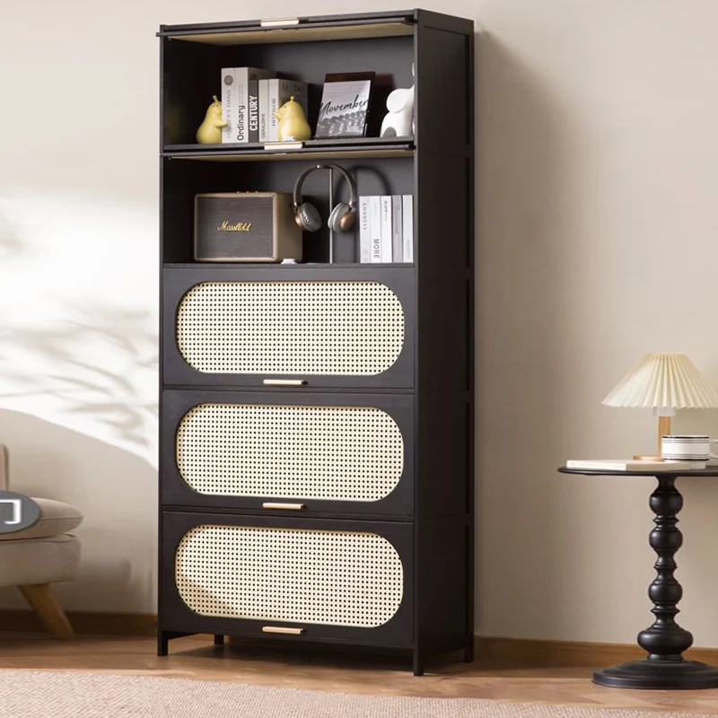 Modern Minimalist Nan Bamboo MDF Plastic Rattan Rectangular Weaving Storage Cabinet 5-Tier For Living Room