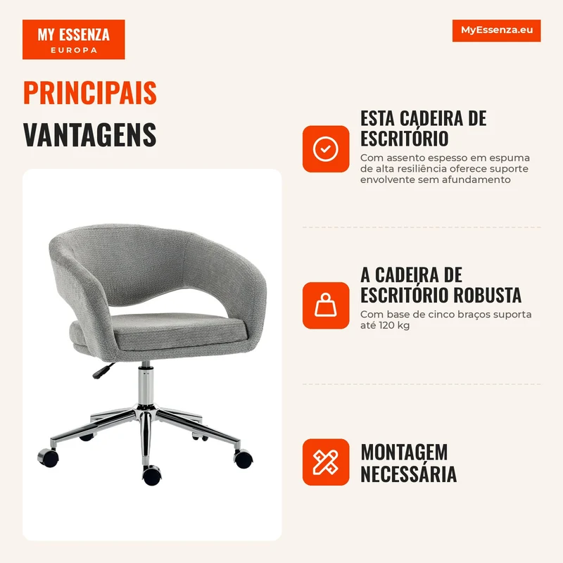 Cadeira de Escritório Ergonômica Cadeira em Chenille com Altura Regulável Encosto Curvo Cinza