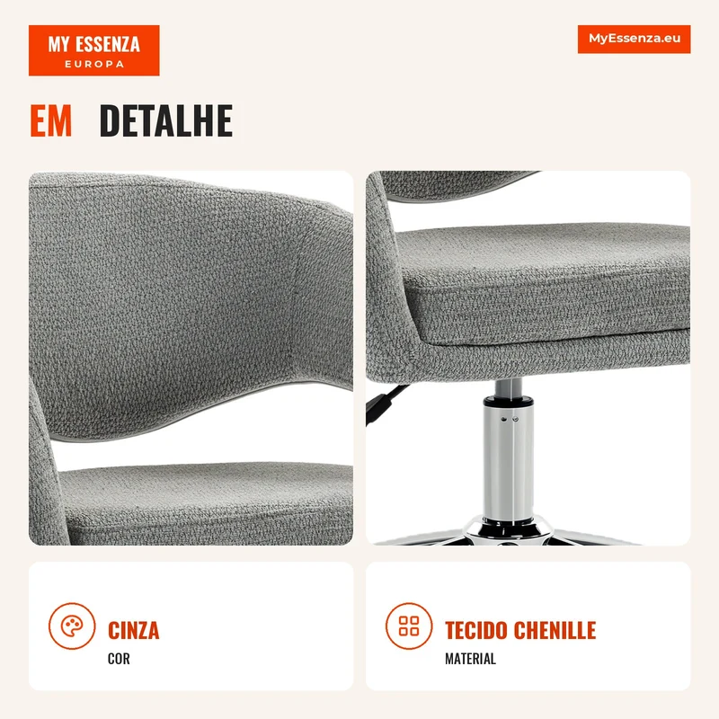 Cadeira de Escritório Ergonômica Cadeira em Chenille com Altura Regulável Encosto Curvo Cinza