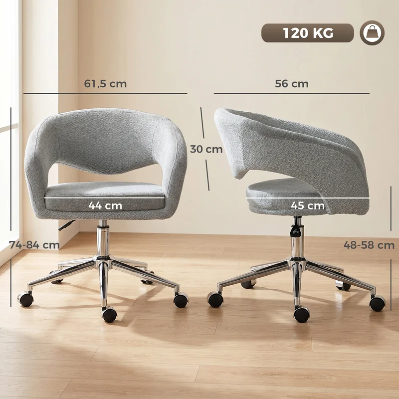 Cadeira de Escritório Ergonômica Cadeira em Chenille com Altura Regulável Encosto Curvo Cinza