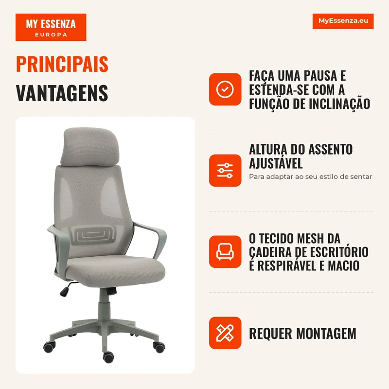 Cadeira de Escritório Cadeira de Secretária com Função de Inclinação Ajustável em Altura com Encosto de Cabeça e Suporte Lombar Cinza