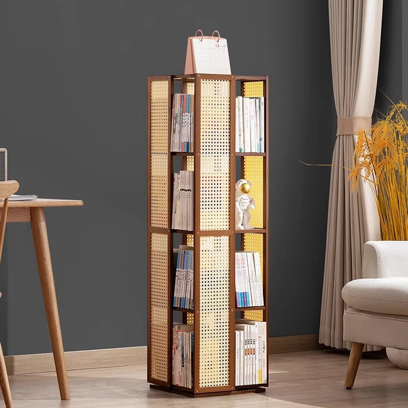 Modern Minimalist Rectangular Nanmu Bamboo Composite Board ABS Acrylic Rotating Bookshelf 4/5/6 Tier For Home & Office