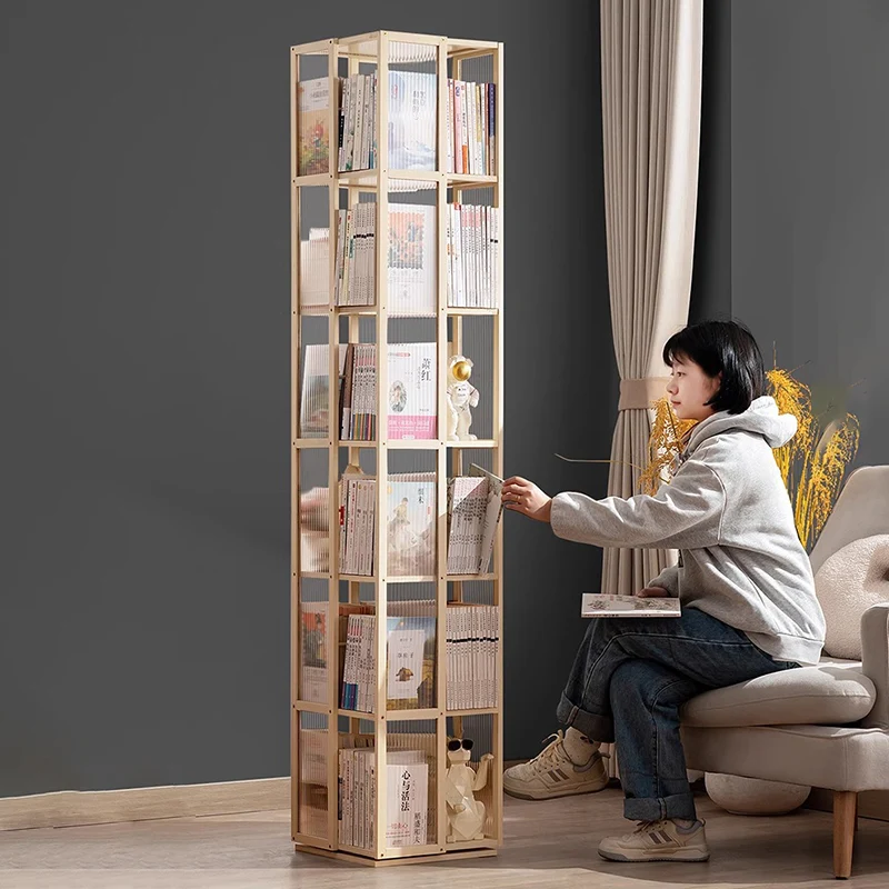 Modern Minimalist Rectangular Nanmu Bamboo Composite Board ABS Acrylic Rotating Bookshelf 4/5/6 Tier For Home & Office