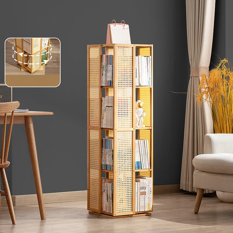 Modern Minimalist Rectangular Nanmu Bamboo Composite Board ABS Acrylic Rotating Bookshelf 4/5/6 Tier For Home & Office
