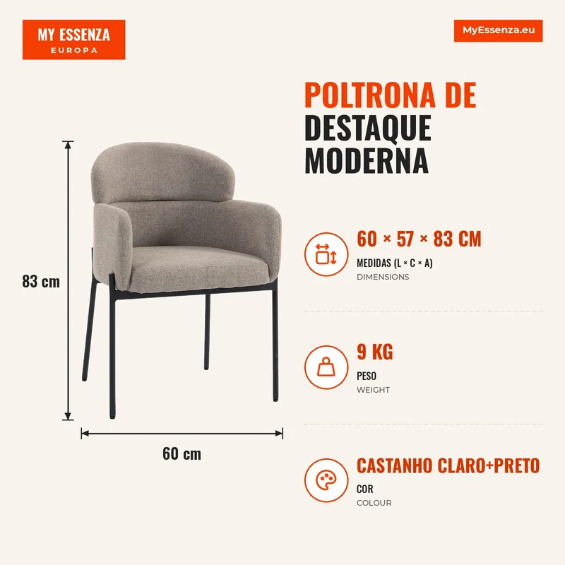 Poltrona de Destaque Moderna Poltrona em Chenille com Espuma de Alta Densidade Encosto Ergonômico Pernas de Metal Castanho Claro