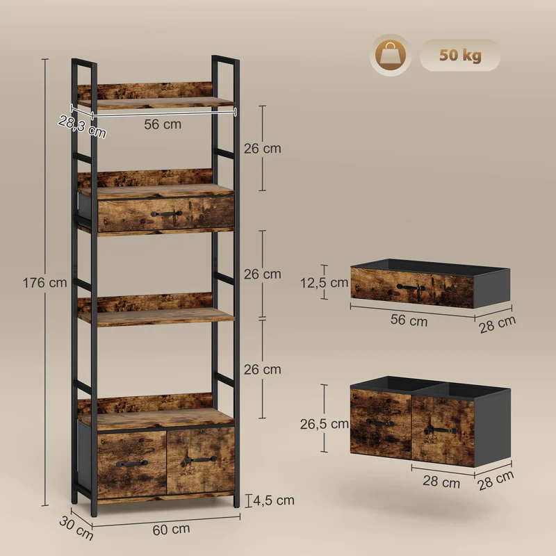Estante 6 Níveis com 3 Gavetas de Tecido 60x30x176 cm Castanho Rústico