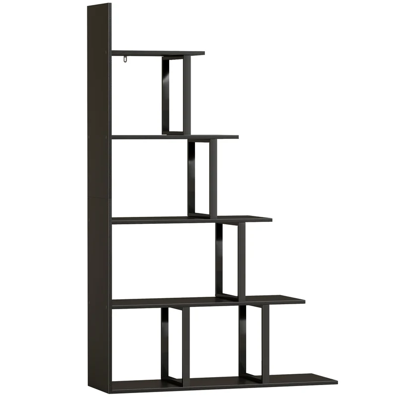 Estante Biblioteca Separador de Ambientes Estilo Industrial em Escada 5 Prateleiras 102x30x160 cm Cor Preta