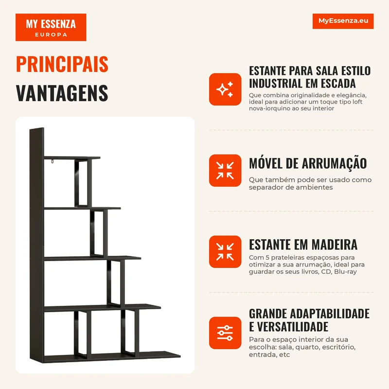 Estante Biblioteca Separador de Ambientes Estilo Industrial em Escada 5 Prateleiras 102x30x160 cm Cor Preta