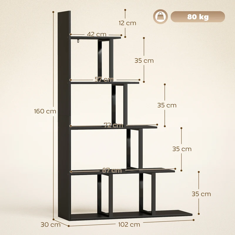 Estante Biblioteca Separador de Ambientes Estilo Industrial em Escada 5 Prateleiras 102x30x160 cm Cor Preta