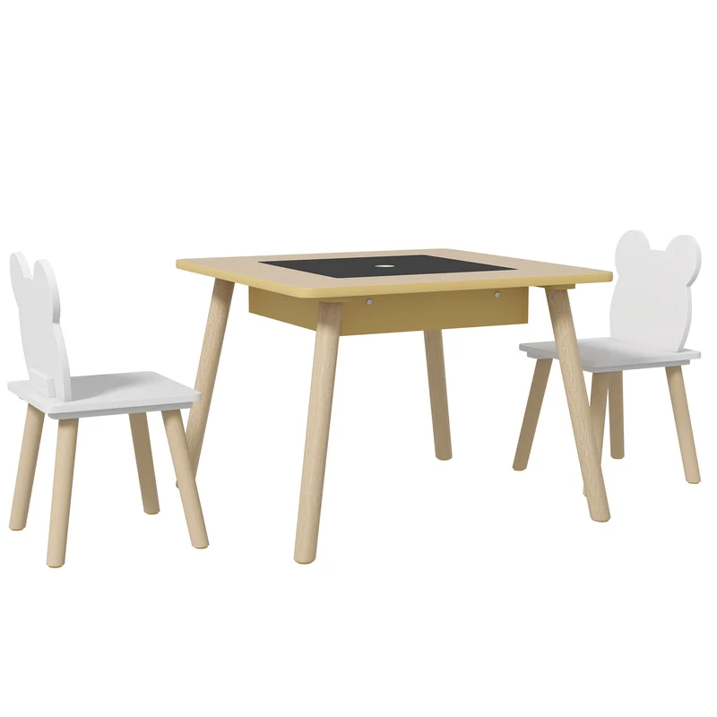 Mesa Infantil com 2 Cadeiras Conjunto com Armazenamento e Encosto em Forma de Urso para Crianças de 3-6 Anos Madeira Natural