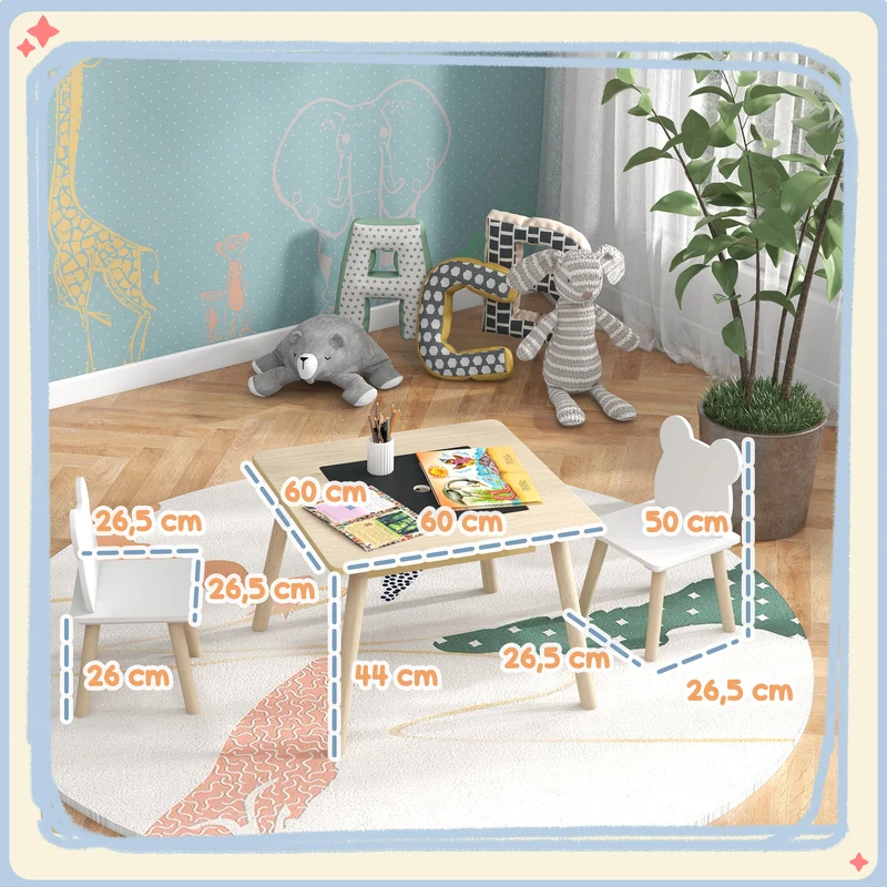 Mesa Infantil com 2 Cadeiras Conjunto com Armazenamento e Encosto em Forma de Urso para Crianças de 3-6 Anos Madeira Natural