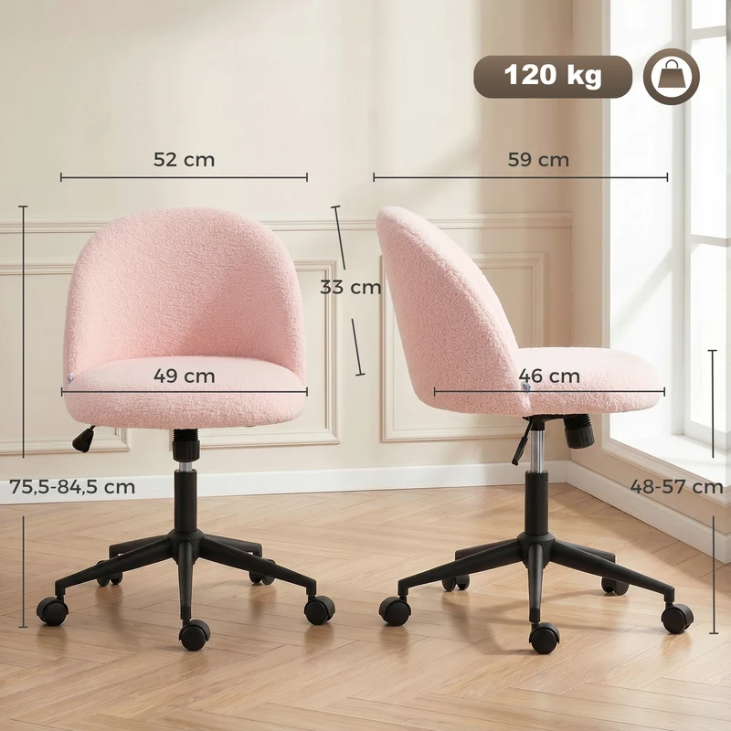 Cadeira de escritório giratória em teddy-fleece, regulável em altura, com rodas, espuma de conforto, Rosa