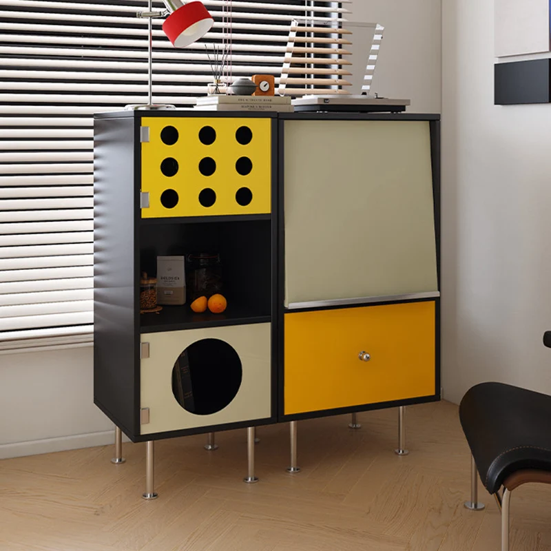 Contemporary Scandinavian Solid Wood Particle Board Stainless Steel Acrylic Rectangular Side Storage Cabinet 3-Cabinet For Living Room