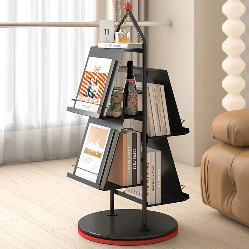 Contemporary Industrial Floor Tree Shape Carbon Steel Rotatable Space-Saving Bookshelf 4-Tier Storage For Living Room & Study