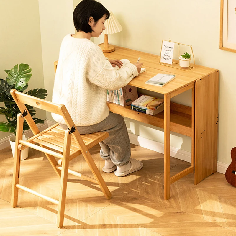 Modern Minimalist Rectangular Nan Bamboo Foldable Desk 2-Layer For Home Office