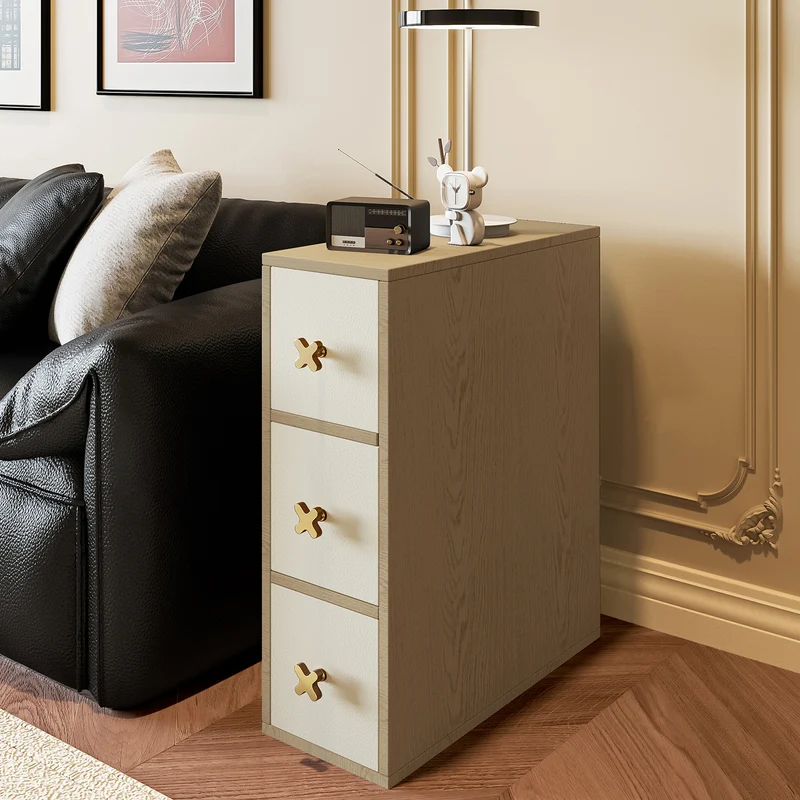 Contemporary Retro Narrow Rectangular Solid Pine Wood Microfiber Leather Side Storage Cabinet 3-Drawer For Living Room